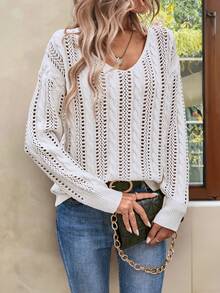 SHEIN LUNE Solid Pointelle Knit Drop Shoulder Sweater - White - View 4
