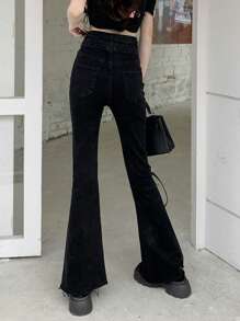 Women's High Waisted Fitted Elastic Flare Leg Jeans With Pockets - Black - View 2