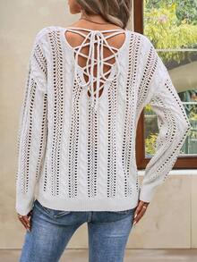 SHEIN LUNE Solid Pointelle Knit Drop Shoulder Sweater - White - View 2
