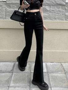 Women's High Waisted Fitted Elastic Flare Leg Jeans With Pockets - Black - View 3