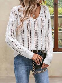 SHEIN LUNE Solid Pointelle Knit Drop Shoulder Sweater - White - View 1