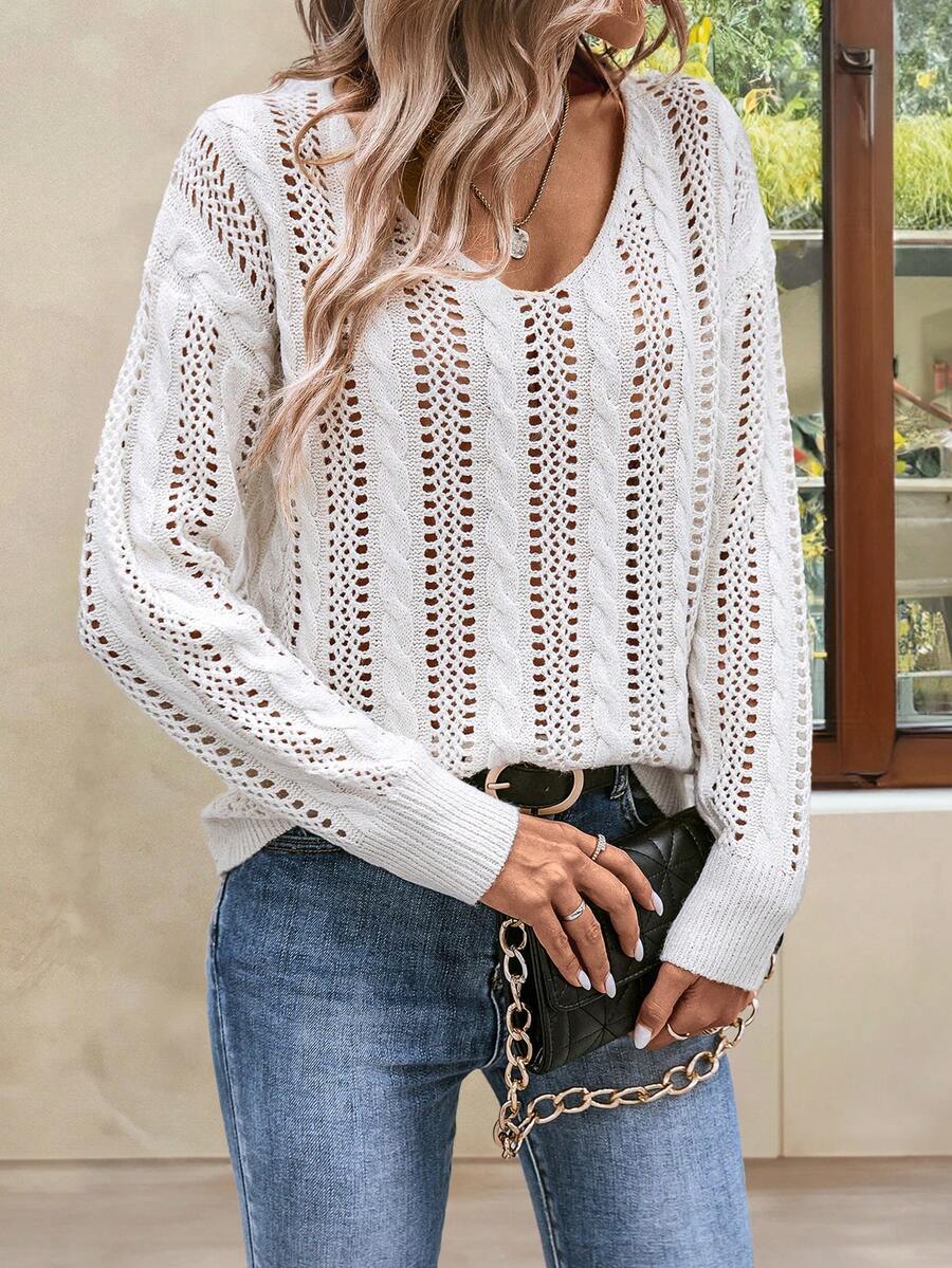 SHEIN LUNE Solid Pointelle Knit Drop Shoulder Sweater - White - View 1