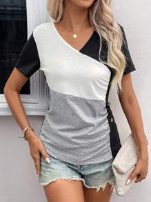 SHEIN LUNE Color Block Button Detail Tee - Multicolor - View 8