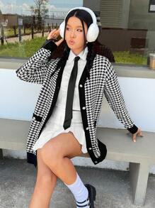 SHEIN EZwear 千鳥格圖案落肩袖前紐扣開襟衫 - 黑與白 - 查看 1