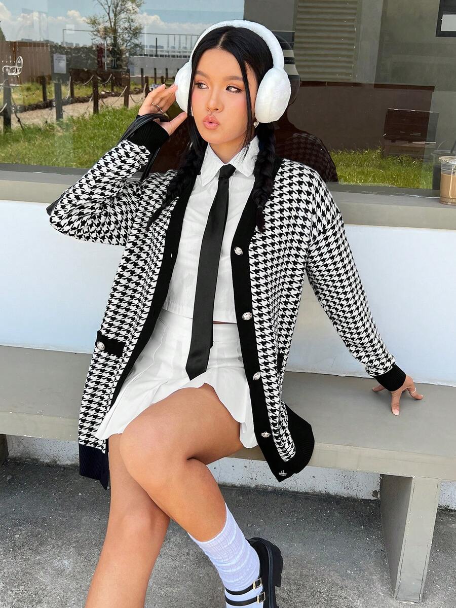 SHEIN EZwear 千鳥格圖案落肩袖前紐扣開襟衫 - 黑與白 - 查看 1