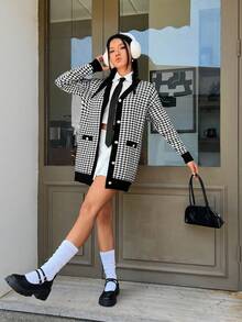 SHEIN EZwear 千鳥格圖案落肩袖前紐扣開襟衫 - 黑與白 - 查看 4