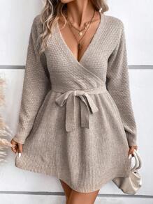 SHEIN Frenchy Surplice cổ Thắt lưng Đầm Áo len - Màu Khaki - Xem 6