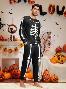 Hombres Conjunto de pijama Halloween estampado de esqueleto - Negro - Ver 1