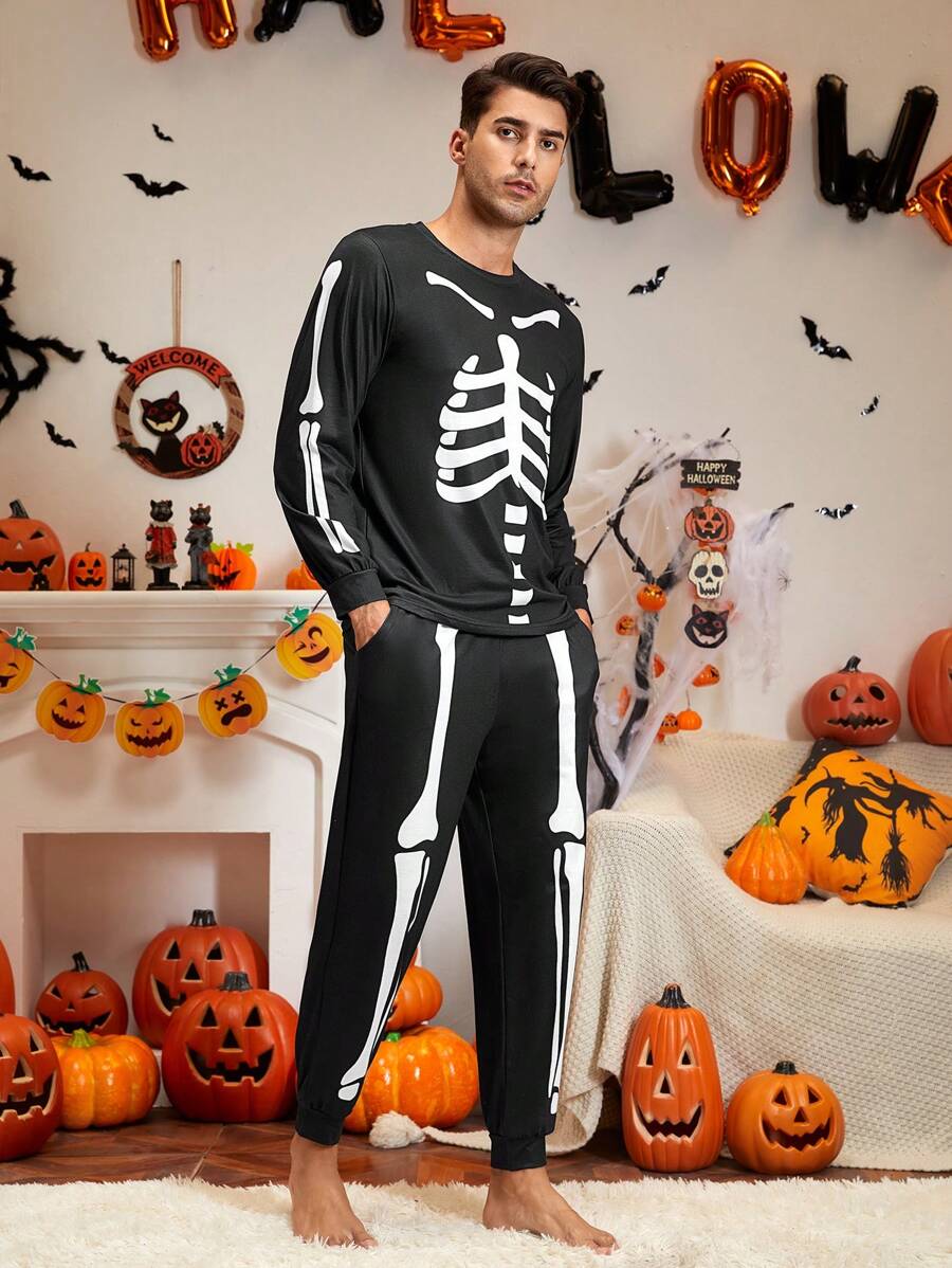 Hombres Conjunto de pijama Halloween estampado de esqueleto - Negro - Ver 1