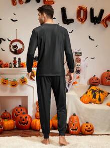 Hombres Conjunto de pijama Halloween estampado de esqueleto - Negro - Ver 2