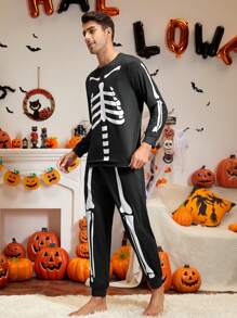 Hombres Conjunto de pijama Halloween estampado de esqueleto - Negro - Ver 4