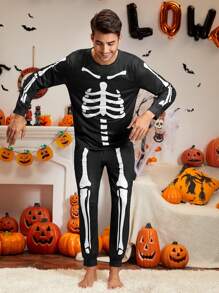 Hombres Conjunto de pijama Halloween estampado de esqueleto - Negro - Ver 6