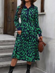 SHEIN Privé Allover Print Button Front Shirt Dress - Green - View 3