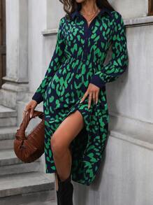 SHEIN Privé Allover Print Button Front Shirt Dress - Green - View 1