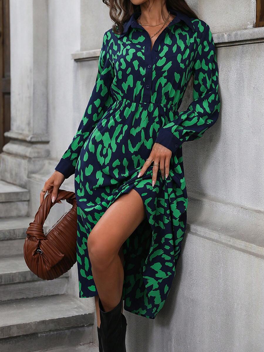SHEIN Privé Allover Print Button Front Shirt Dress - Green - View 1