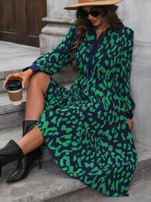 SHEIN Privé Allover Print Button Front Shirt Dress - Green - View 6