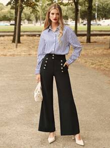 SHEIN Frenchy Button Front Flare Leg Pants - Black - View 4