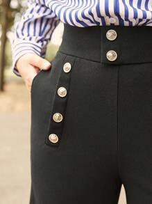 SHEIN Frenchy Button Front Flare Leg Pants - Black - View 2