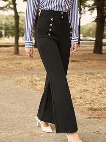 SHEIN Frenchy Button Front Flare Leg Pants - Black - View 1