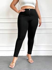 EURMUSE Plus Size High Waisted Solid Color Skinny Casual Pants - Black - View 1
