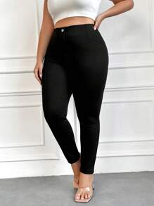 EURMUSE Plus Size High Waisted Solid Color Skinny Casual Pants - Black - View 3