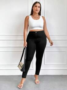 EURMUSE Plus Size High Waisted Solid Color Skinny Casual Pants - Black - View 4