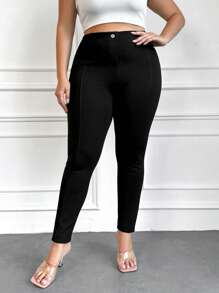 EURMUSE Plus Size High Waisted Solid Color Skinny Casual Pants - Black - View 5