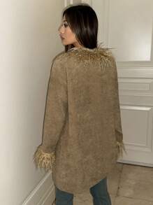 SHEIN ICON Trang trí Fuzzy Mở Mặt trước áo - Màu Khaki - Xem 7