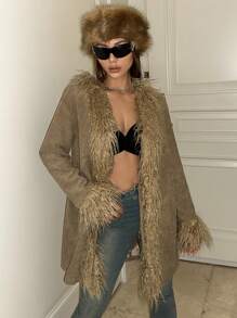 SHEIN ICON Trang trí Fuzzy Mở Mặt trước áo - Màu Khaki - Xem 4