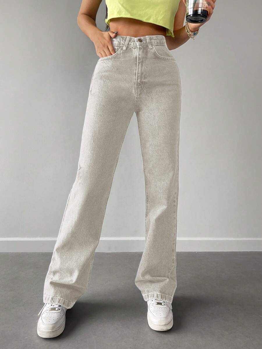 EURMUSE 素色直筒牛仔褲 - 米色 - 查看 1