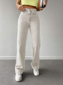 EURMUSE 素色直筒牛仔褲 - 米色 - 查看 3