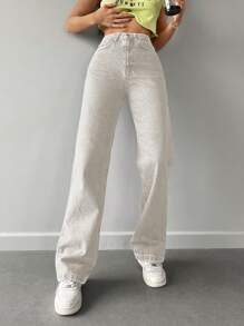 EURMUSE 素色直筒牛仔褲 - 米色 - 查看 4