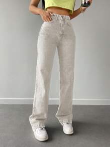 EURMUSE 素色直筒牛仔褲 - 米色 - 查看 5