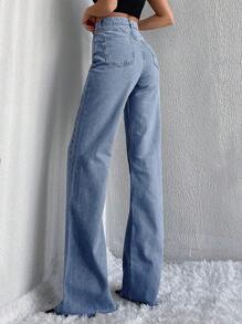 EURMUSE 高腰毛邊闊腿牛仔褲