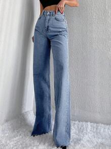 EURMUSE 高腰毛邊闊腿牛仔褲