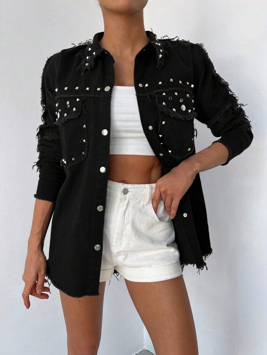 Cottnline Studded Detail Flap Pocket Raw Trim Denim Coat - Black - View 1