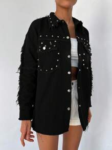 Cottnline Studded Detail Flap Pocket Raw Trim Denim Coat - Black - View 3