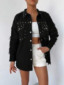 Cottnline Studded Detail Flap Pocket Raw Trim Denim Coat - Black - View 4