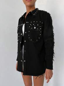 Cottnline Studded Detail Flap Pocket Raw Trim Denim Coat - Black - View 5