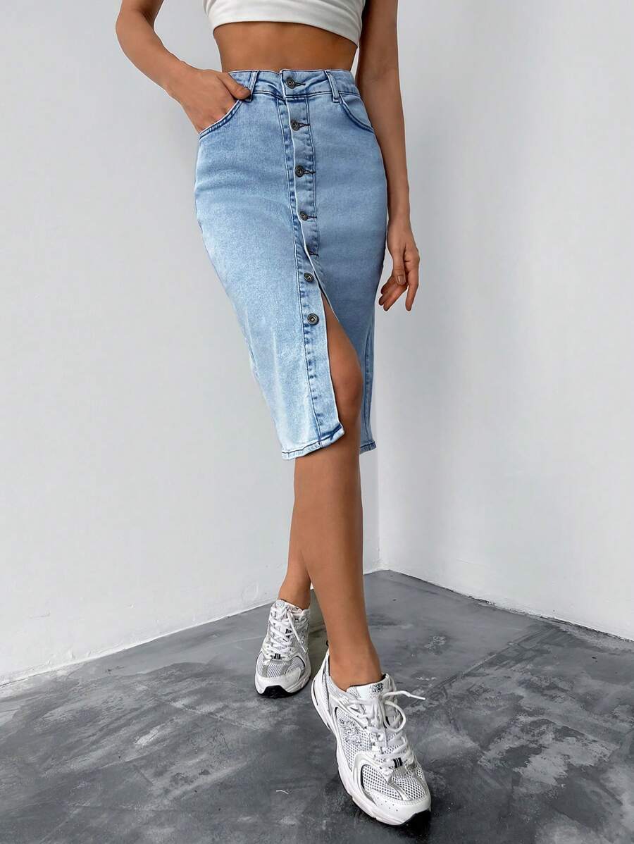 Cottnline Button Front Denim Skirt - Light Wash - View 1