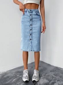 Cottnline Button Front Denim Skirt - Light Wash - View 4