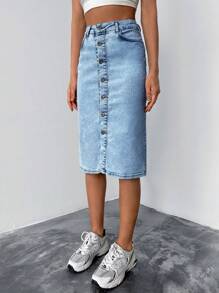 Cottnline Button Front Denim Skirt - Light Wash - View 5