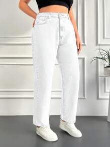 EURMUSE Plus Solid Zipper Fly Tapered Jeans - White - View 1