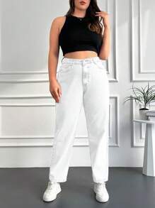 EURMUSE Plus Solid Zipper Fly Tapered Jeans - White - View 3