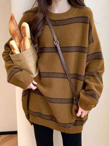 Alicedudu Striped Drop Shoulder Oversized Sweater,Long Sleeve Tops Casual Fall - Brown - View 1