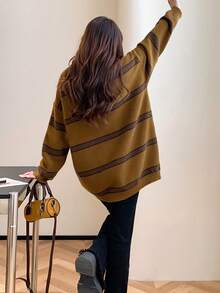 Alicedudu Striped Drop Shoulder Oversized Sweater,Long Sleeve Tops Casual Fall - Brown - View 2