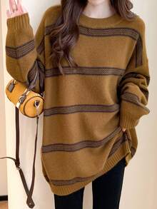 Alicedudu Striped Drop Shoulder Oversized Sweater,Long Sleeve Tops Casual Fall - Brown - View 3