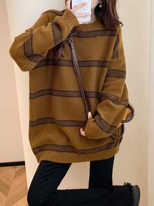 Alicedudu Striped Drop Shoulder Oversized Sweater,Long Sleeve Tops Casual Fall - Brown - View 4