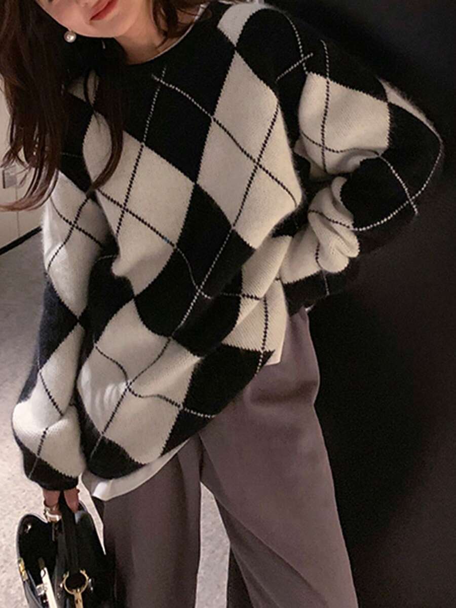 Oversized Argyle Crew Neck Sweater