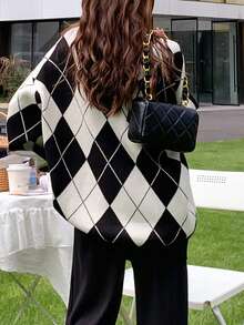 Oversized Argyle Crew Neck Sweater